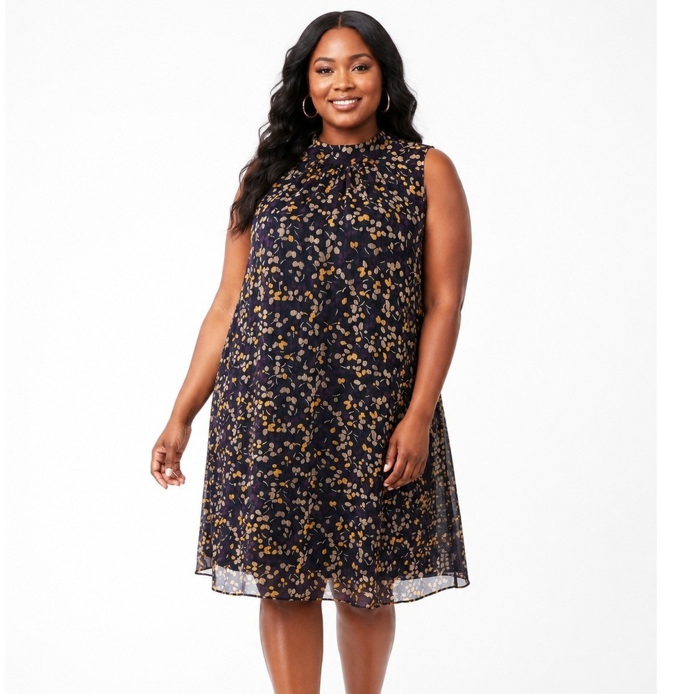 Marc New York Women Floral Mock Neck Sleeveless Shift Dress Black Gold RN 54163